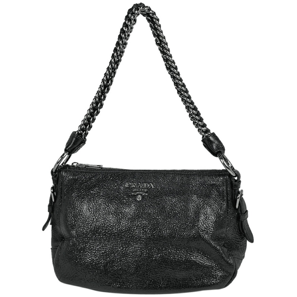 Prada Logo Shoulder Bag Hobo Metallic Leather Nero Black
